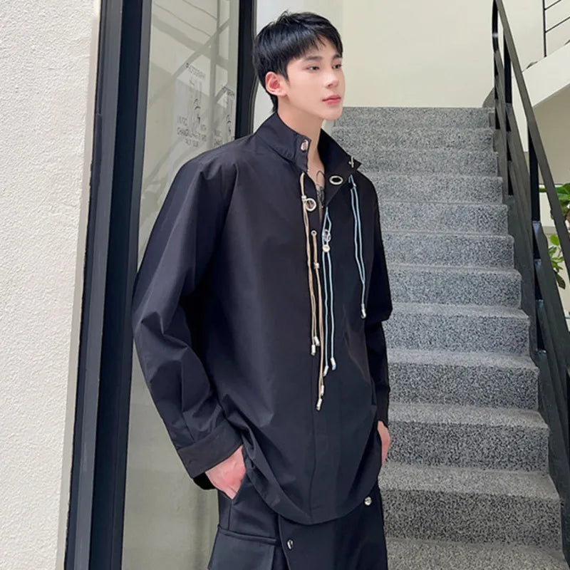 Male Shirts New Niche Design Buckle Rope Decoration Long Sleeved Shirt Trendy Casual Solid Color Stand Collar Top 9W1282