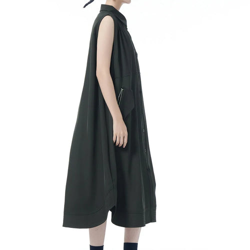 Load image into Gallery viewer, Women Dark Gray Zipper Pocket Big Size Midi Shirt Dress New Lapel Sleeveless Fashion Tide Spring Summer 2025 1DJ0950
