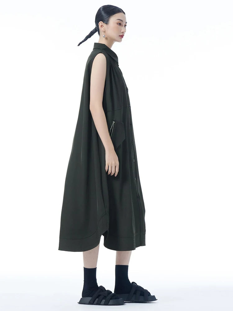 Women Dark Gray Zipper Pocket Big Size Midi Shirt Dress New Lapel Sleeveless Fashion Tide Spring Summer 2025 1DJ0950