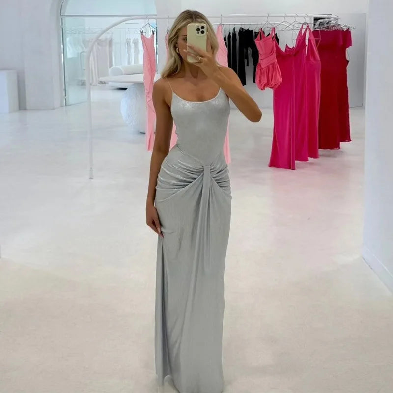 Sliver Spaghetti Strap Sexy Maxi Dress For Women Fashion Sparkle Sleeveless Backless Ruched Beach Club Sexy Long Dress