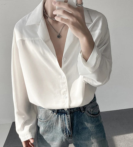 Men's Shirts Long Sleeve Trendy New Korean Style Single Breasted Stylish Suit Collar Loose Shoulder Design Male Tees 9W1871