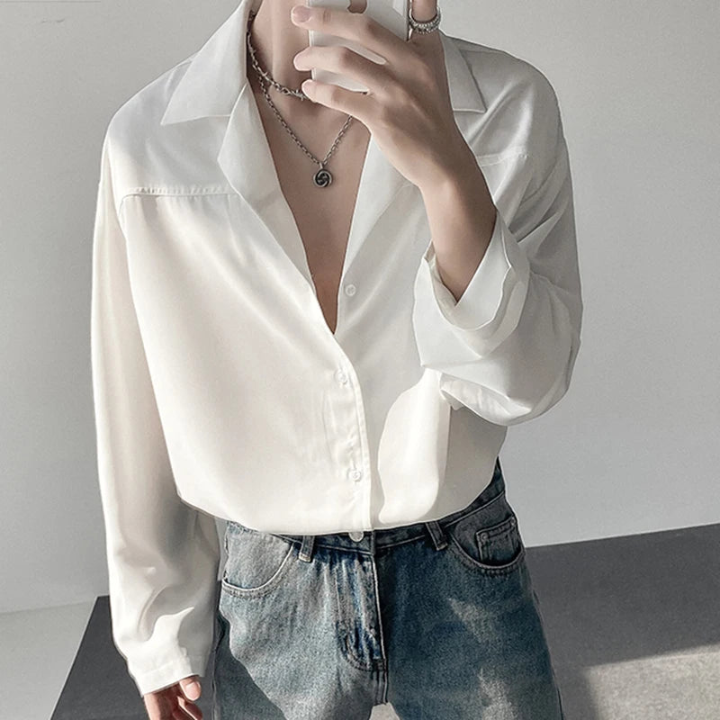 Men's Shirts Long Sleeve Trendy New Korean Style Single Breasted Stylish Suit Collar Loose Shoulder Design Male Tees 9W1871