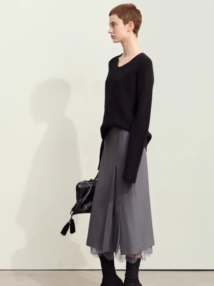 Minimalism Skirts for Woman 2025 Autumn New Elegant Patchwork Lace Women's Clothing Retro Lady A-Line Pleated Skirt12443013