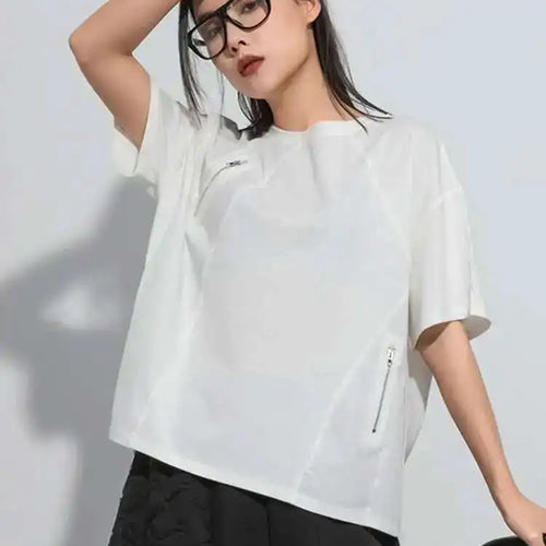 Load image into Gallery viewer, Women Black Green Color-block Big Size Zipper T-shirt New Round Neck Short Sleeve Fashion Tide Spring Summer 2025 1DH5062
