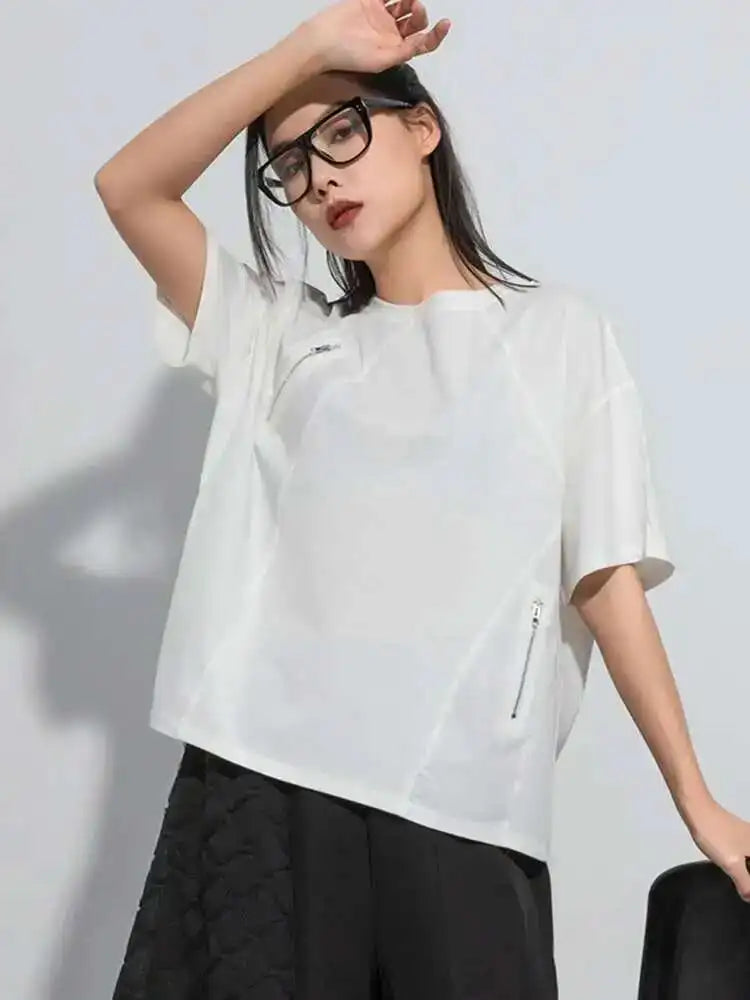 Women Black Green Color-block Big Size Zipper T-shirt New Round Neck Short Sleeve Fashion Tide Spring Summer 2025 1DH5062