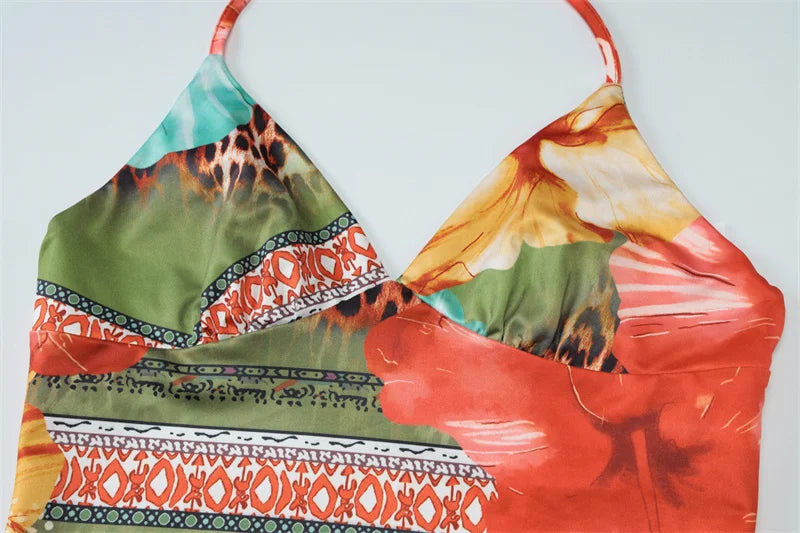 Leopard Print Sexy 2 Piece Sets Women Summer Fashion Lace-up Halter Crop Tops And Maxi Skirt Female Party Two Piece Set