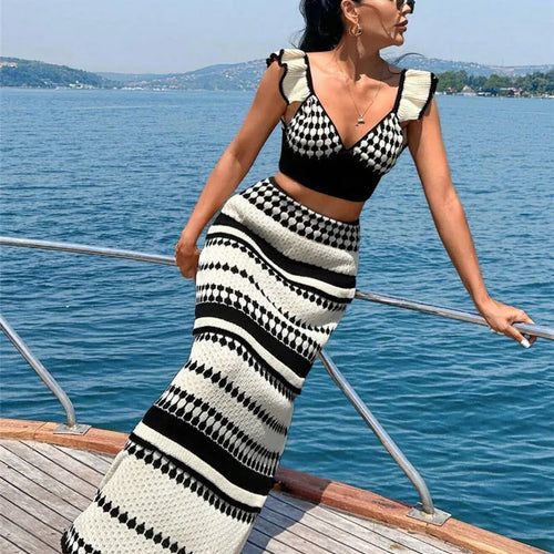 Load image into Gallery viewer, Striped Knit Two Piece Sets Women V Neck Sleeveless Crop Tops And Maxi Skirt Matching Sets Ladies Knit Skirt Sets
