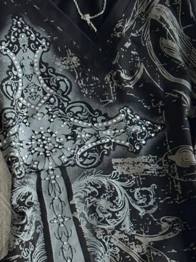 Y2k Aesthetic Vintage Printing Shirts Streetwear Tie-dye Black Loose Tshirts Harajuku Autumn Women Punk Diamond Grunge T-shirt