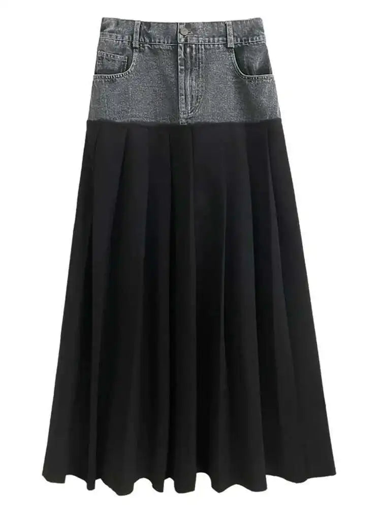 High Elastic Waist Blue Color-block Denim Pleated A-line Half-body Skirt Women Fashion Tide New Spring Autumn 2025 1DH2576