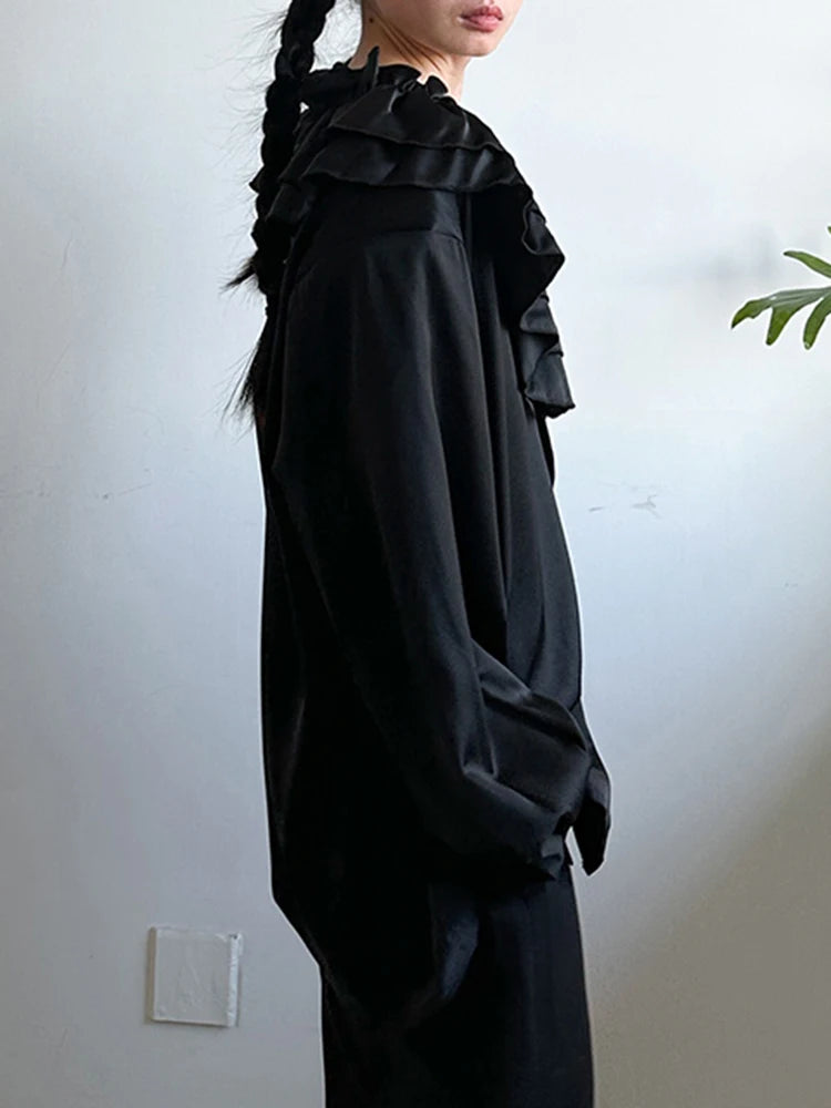 Women White Black Ruffles Big Size Elegant Blouse New V-neck Long Sleeve Shirt Fashion Tide Spring Autumn 2025 1DH95500