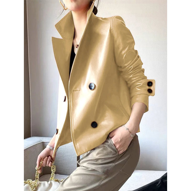 Autumn Winter Gold Faux Leather Jackets Women 2024 New Outwear Long Sleeves PU Leather Short Coats Outwear for Female