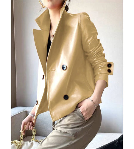 Autumn Winter Green Faux Leather Jackets Women 2024 New Outwear Long Sleeves PU Leather Short Coats Outwear for Female