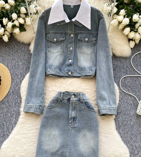 French Vintage Two Piece Set Women Blue Black Denim Patchwork Long Sleeve Single Breasted Tops And High Waist Short Skirt Spring