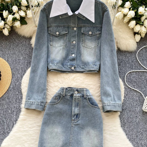 Load image into Gallery viewer, French Vintage Two Piece Set Women Blue Black Denim Patchwork Long Sleeve Single Breasted Tops And High Waist Short Skirt Spring
