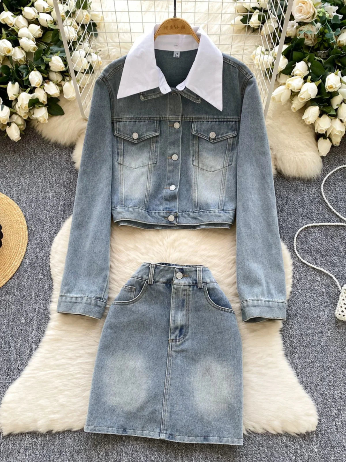 French Vintage Two Piece Set Women Blue Black Denim Patchwork Long Sleeve Single Breasted Tops And High Waist Short Skirt Spring