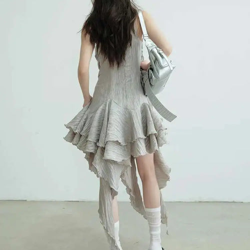 Load image into Gallery viewer, Women Gray Three-dimensional Flower Ruffles Mini Dress New Round Neck Sleeveless Fashion Tide Spring Summer 2025  1DJ0678
