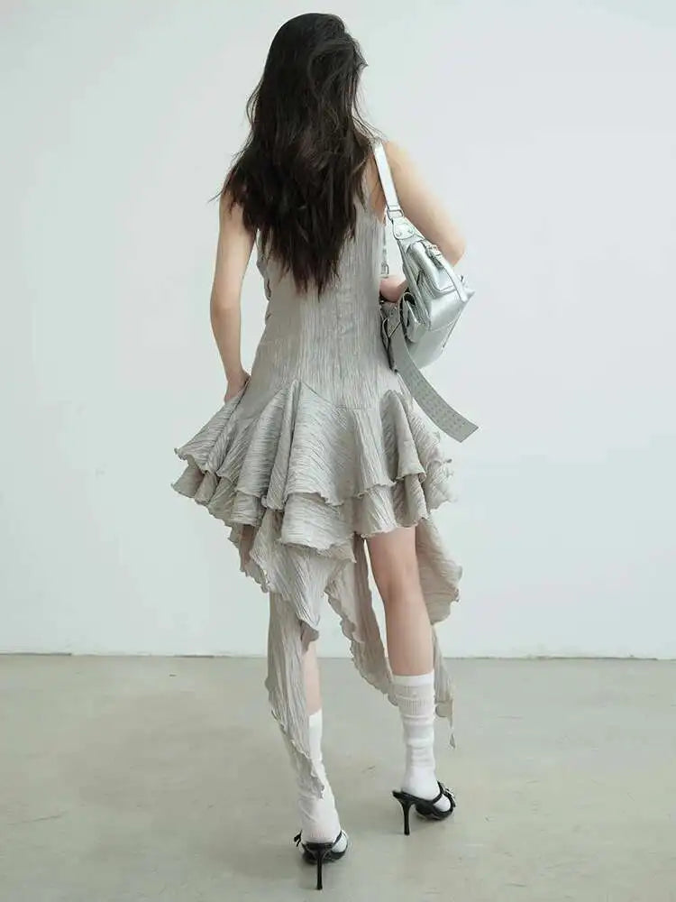 Women Gray Three-dimensional Flower Ruffles Mini Dress New Round Neck Sleeveless Fashion Tide Spring Summer 2025  1DJ0678