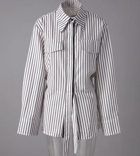 Women Striped Ribbons Irregular Elegant Blouse New Lapel Long Sleeve Shirt Fashion Tide Spring Autumn 2025 7AB8416