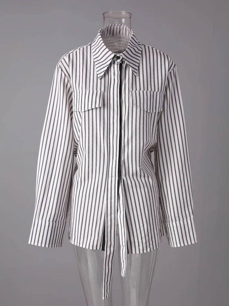 Women Striped Ribbons Irregular Elegant Blouse New Lapel Long Sleeve Shirt Fashion Tide Spring Autumn 2025 7AB8416
