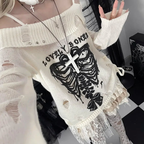 Load image into Gallery viewer, Japanese Off Shoulder Harajuku Sweater Y2k Women Gothic Punk Knitted Vintage Skull Jumpers Grunge Hollow Out Pullovers Kintwear
