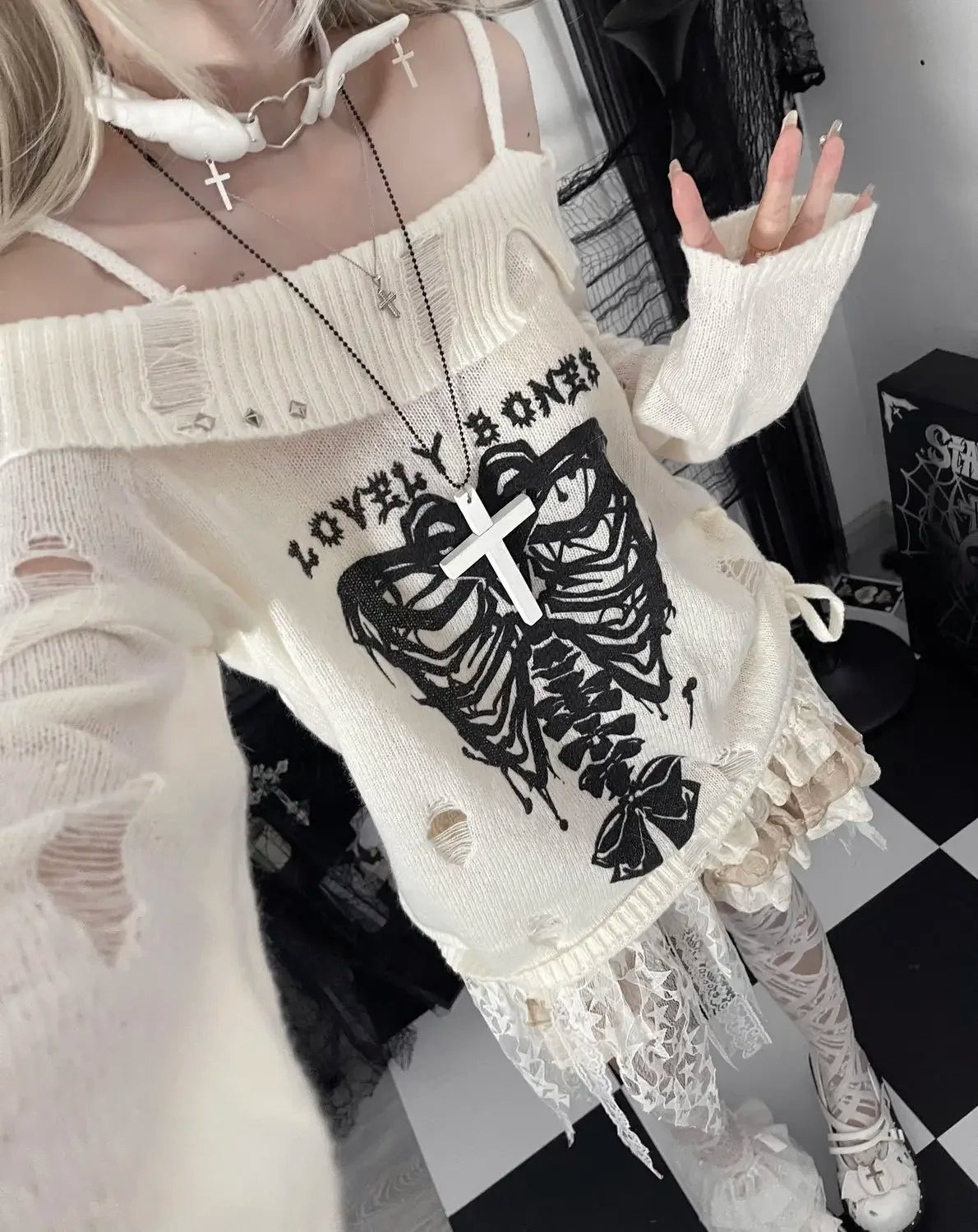 Japanese Off Shoulder Harajuku Sweater Y2k Women Gothic Punk Knitted Vintage Skull Jumpers Grunge Hollow Out Pullovers Kintwear