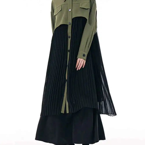 Load image into Gallery viewer, Women Army Green Pleated Spliced Big Size Midi Shirt Dress New Lapel Long Sleeve Fashion Tide Spring Autumn 2025 1DH6927
