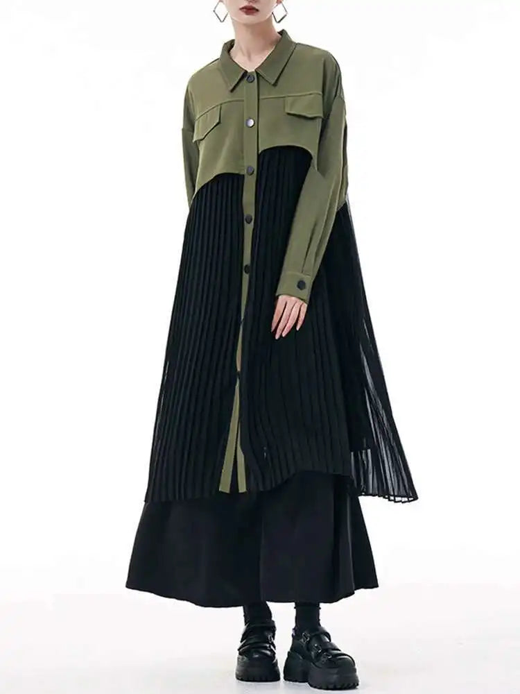 Women Army Green Pleated Spliced Big Size Midi Shirt Dress New Lapel Long Sleeve Fashion Tide Spring Autumn 2025 1DH6927