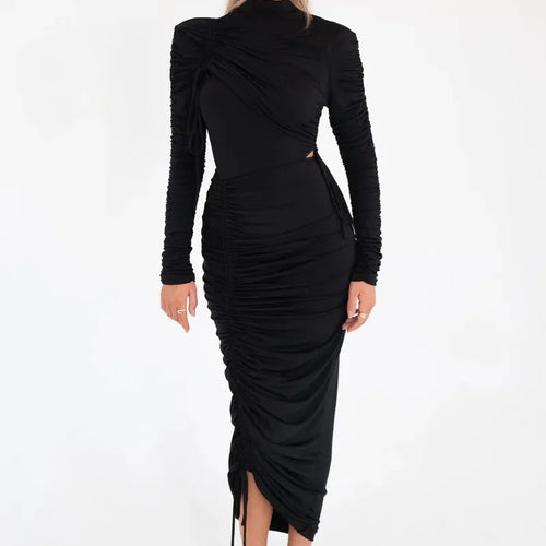 Load image into Gallery viewer, Long Sleeve Ruched Sexy Maxi Dress For Women Autumn Winter New Drawstring Turtleneck Bodycon Sexy Long Dress Elegant
