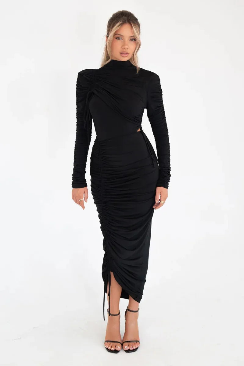 Long Sleeve Ruched Sexy Maxi Dress For Women Autumn Winter New Drawstring Turtleneck Bodycon Sexy Long Dress Elegant
