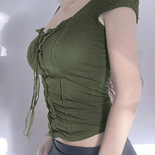 Load image into Gallery viewer, y2k Green Lace Crop Top Trim Square Collar Short Sleeve T Shirt Women Fairycore Balletcore Chic Tee Summer Korean 90s
