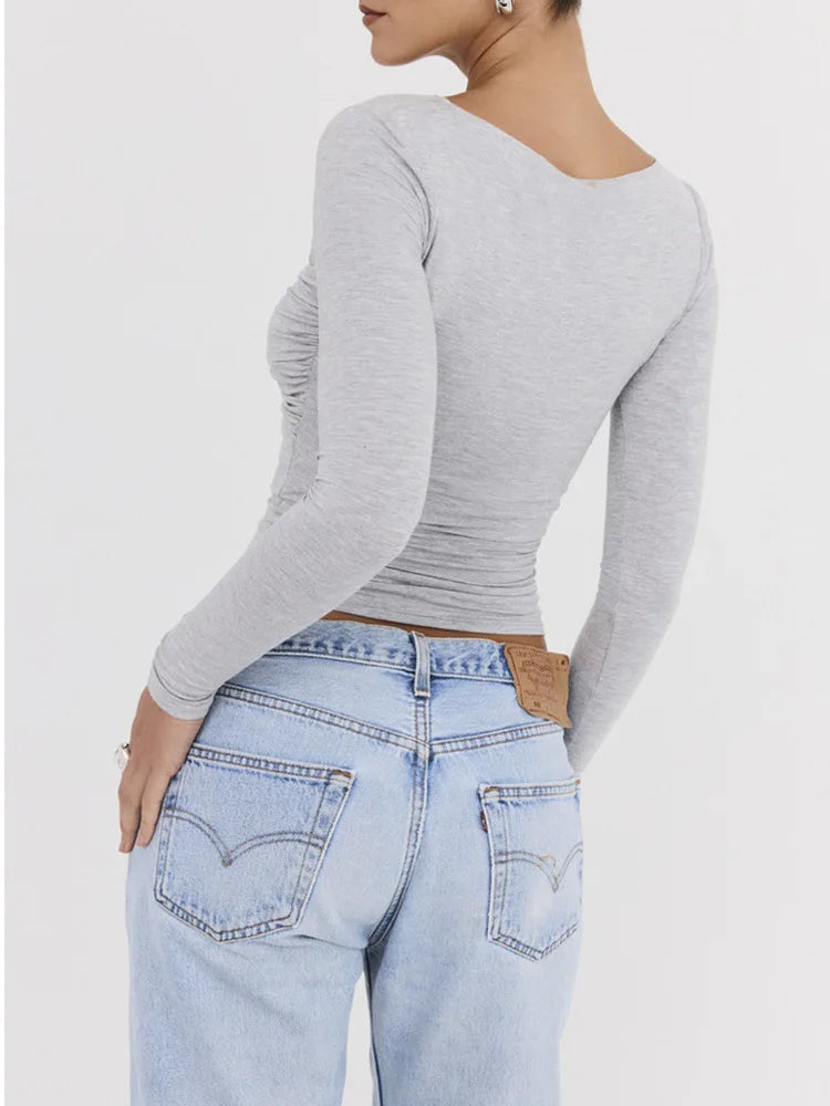 Sexy Hollow Out Long Sleeved Women Top Pleated Elastic Tight Fitting T-shirt Fashionable Street Casual Clothing Female