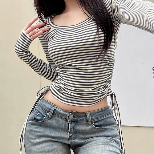 Load image into Gallery viewer, Harajuku Bodycon Stripe T-shirts Female Side Drawstring Crop Tops Korean Fashion Basic Spring Autumn Tee Shirt Kawaii
