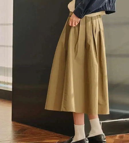 High Elastic Waist Khaki Pleated Causal Half-body Skirt Loose Fit Women Fashion Tide New Spring Autumn 2025 1DH0004