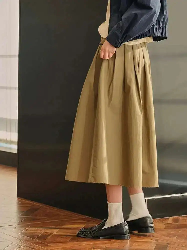 High Elastic Waist Khaki Pleated Causal Half-body Skirt Loose Fit Women Fashion Tide New Spring Autumn 2025 1DH0004