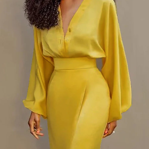 Load image into Gallery viewer, Autumn Spring New Trendy Yellow Vintage Buttoned Blouse Long Sleeves V-neck Work Elegant Shirts Tops Summer
