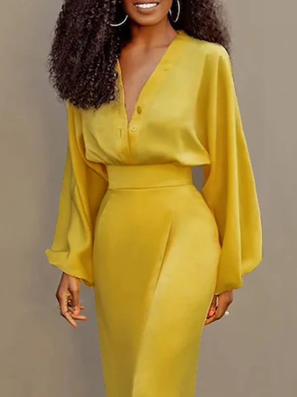 Autumn Spring New Trendy Yellow Vintage Buttoned Blouse Long Sleeves V-neck Work Elegant Shirts Tops Summer