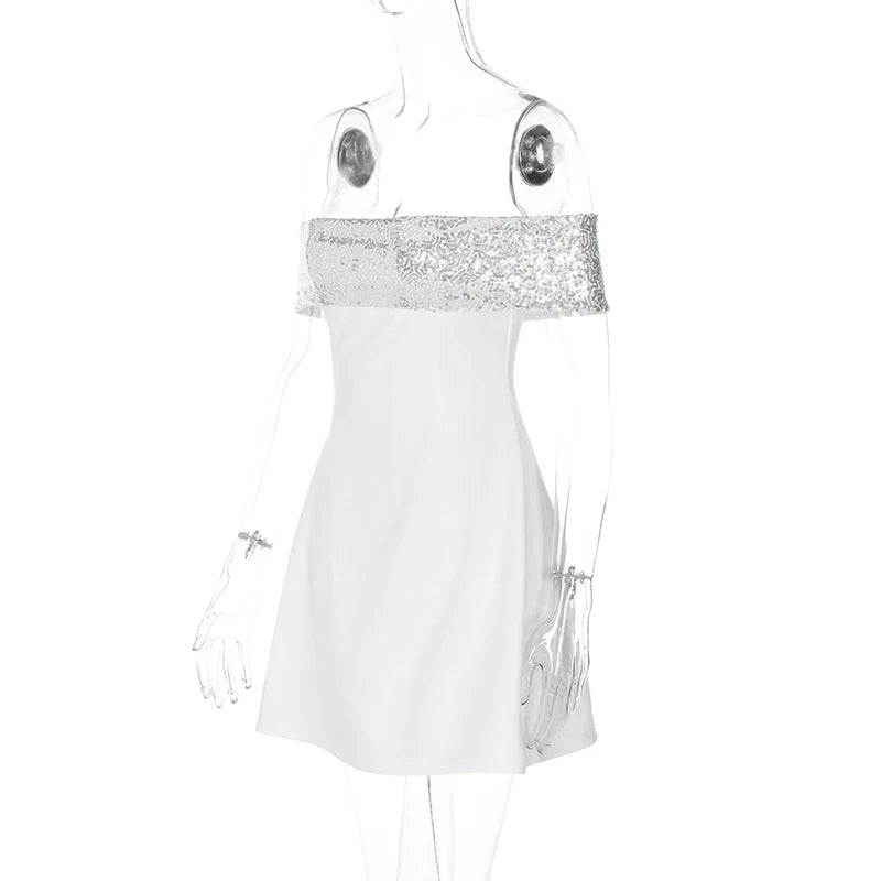 Off-shoulder Sequins Strapless Sexy Mini Dress Women Fashion Sleeveless Backless Sparkle High Waist Club Sexy Dress