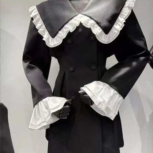 Load image into Gallery viewer, Hit Color Slimming Spliced Double Breasted Jackets for Women Peter Pan Collar Long Sleeves Fashion Jacket Female
