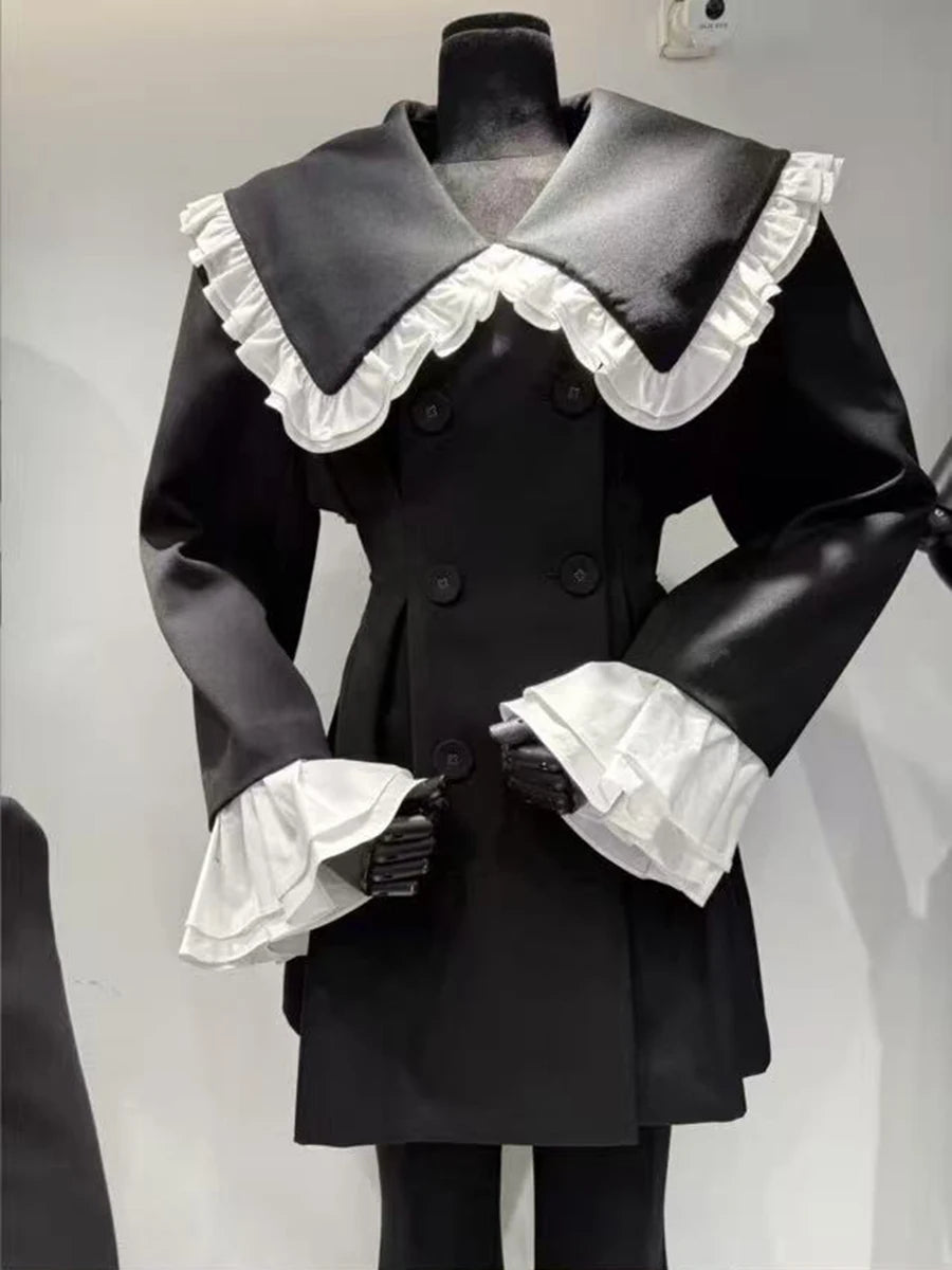 Hit Color Slimming Spliced Double Breasted Jackets for Women Peter Pan Collar Long Sleeves Fashion Jacket Female