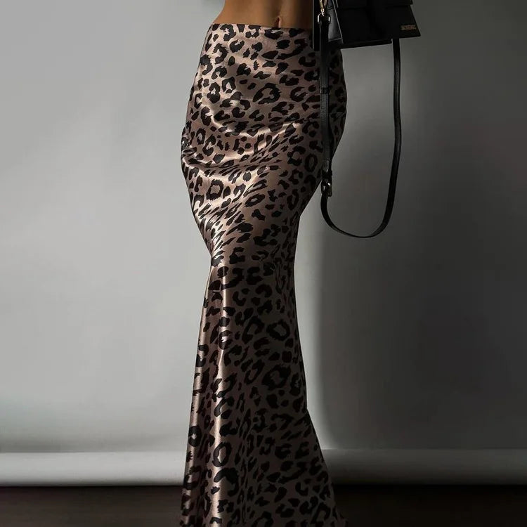 Satin Leopard Print Long Skirt Women Fashion High Waist Maxi Fishtail Skirt Ladies Fashion With Zipper Sexy Skirts