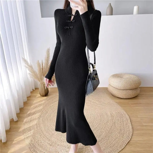 Load image into Gallery viewer, Autumn Winter Chinese Style Women's Solid Bottom Long Sleeved Dress Retro Hollow Out Wrap Hip Knitwear Fishtail Dress 2024 Trend
