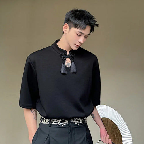 Load image into Gallery viewer, Chinese Style Men&#39;s T-shirt Short Sleeve Stand Collar Tassel Casual Pullover Top Summer Fashion Tide 9C5588
