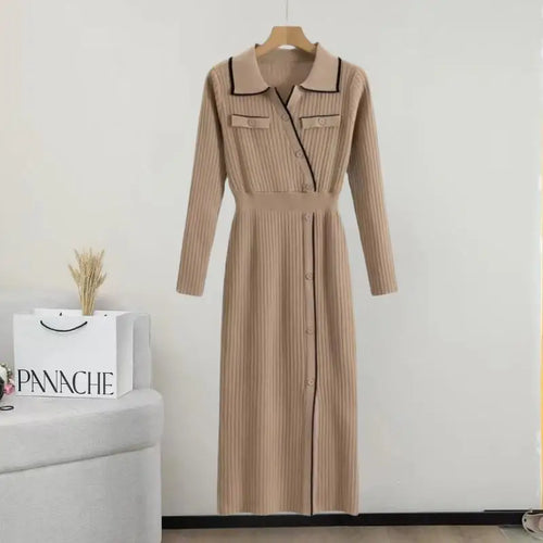 Load image into Gallery viewer, Korean Fashion 2024 Autumn Winter New Office Ladies Patchwork Elegant Long Sleeve Knitted Dress Women Slim Button Dresses Trendy
