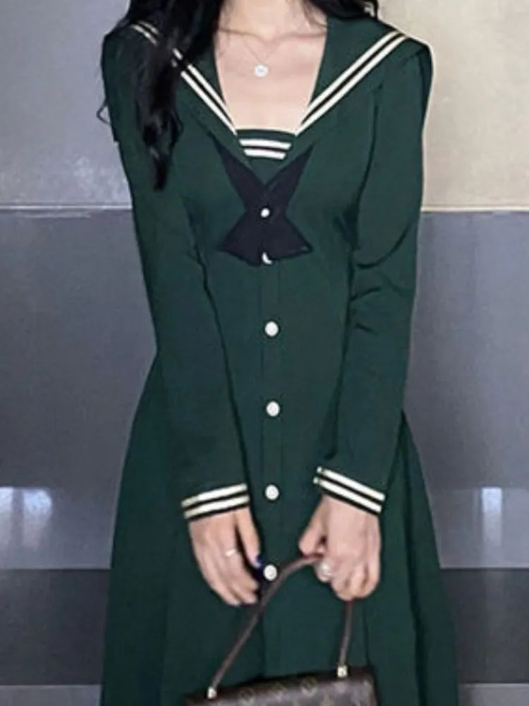 Preppy Style School Kawaii Cute Dress Women Soft Girl Student Sailor Collar Midi Dresses Vintage Long Sleeve Autumn