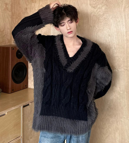 Korean Style Male Sweaters Patchwork Casual V-neck Contrast Color Twist Plush Men's Knitted Pullovers New Trendy 9C4135