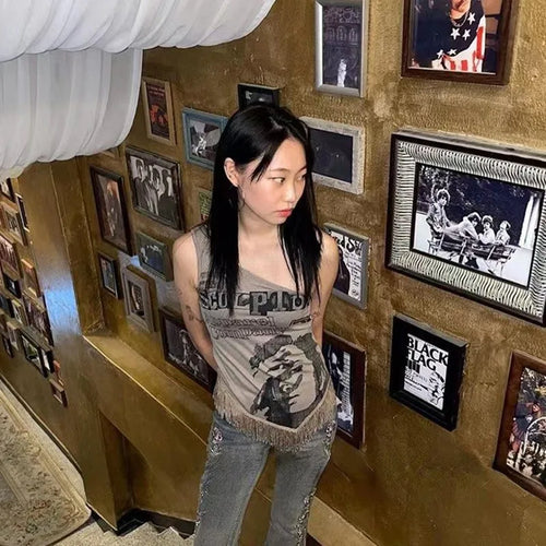 Load image into Gallery viewer, Grunge Print Tank Tops Vintage Irregular Patchwork Camisole Korean Fashion Tassel Design Tops 90s Punk Style Vest Chic
