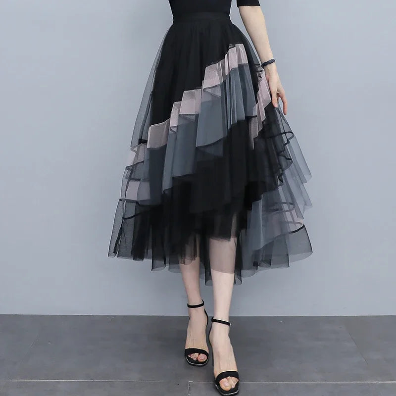 Fashion Patchwork Tulle Long Skirt Women 2023 Spring Summer Elegant High Street Mesh High Waist Pleated Midi Skirt Female