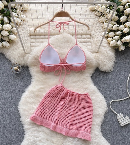 Strawberry Sweet Beach Two Pieces Sets Halter Backless Camis+Short Skirts Fashion Hook Flower Hollow Out Beach Suits