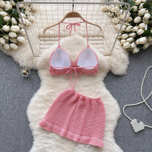 Load image into Gallery viewer, Strawberry Sweet Beach Two Pieces Sets Halter Backless Camis+Short Skirts Fashion Hook Flower Hollow Out Beach Suits
