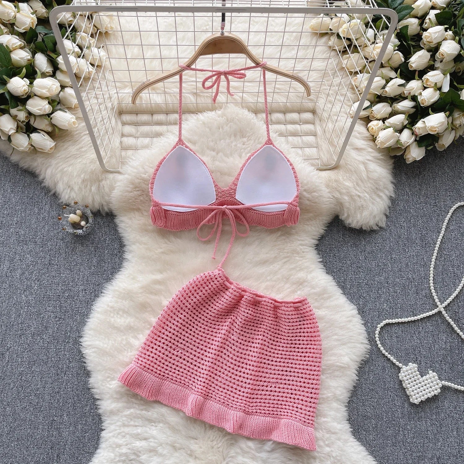 Strawberry Sweet Beach Two Pieces Sets Halter Backless Camis+Short Skirts Fashion Hook Flower Hollow Out Beach Suits
